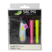 Fishing lure packaging with SAC Pig Bait Co. branding on a white background